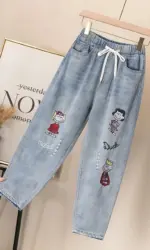 ZOKI Ripped High Waist Mom Jeans Plus Size Denim Pants for Women Vintage Embroidery Elastic Waist Ankle Length Trousers Baggy