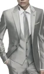 Silver Grey Satin Men Suit Slim Set Formal Wedding Skinny Stylish Male Blazer Party Custom Tuxedo 3 Piece Vestidos Suits for Men
