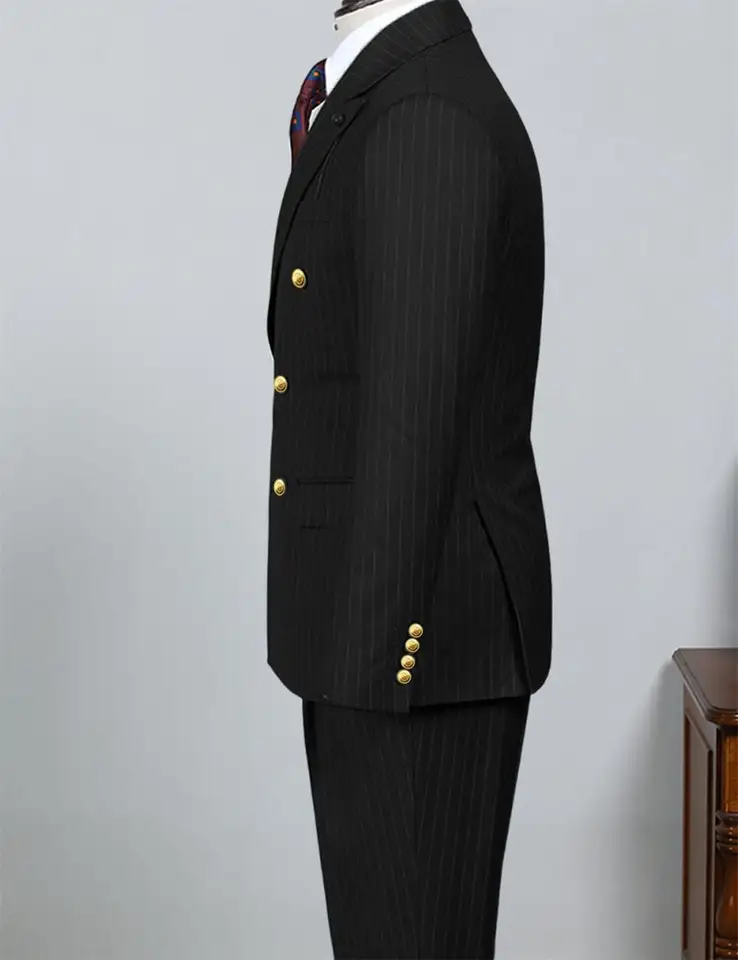 2 Piece Black Striped Men's Suit Set Golden double breasted Lapel Jacket Elastic Pants Wedding Part Prom Dinner Wrok Travel - Image 4