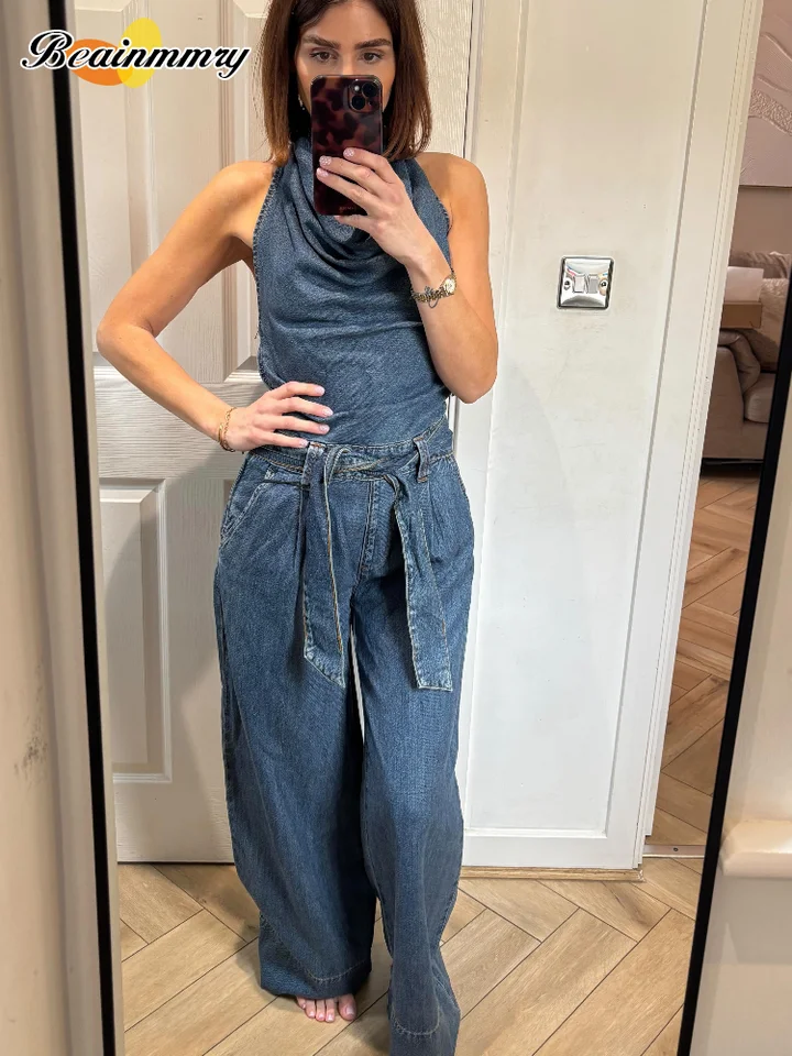 Women's Blue Denim Halter Jumpsuit Cute Fashion Loose Fit Belted Denim Halter Overalls 2026 Lady Summer Cozy Weekend Outfits - Image 6