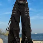 Women Fall Winter Cargo Jeans Striped Zipper Button Closure Loose Casual Trousers Streetwear with Pockets