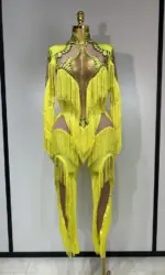 Yellow Tassel Stretch Bodycon Jumpsuit Nightclub Gogo Dance Clothing Dj Rave Outfit Nightclub Party Singer Performance Outfit