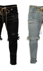Men Long Jeans Pants Denim Pencil Pant Hole Splice Simple Slim Fit Zipper Lace Up Tight Waist Straight Trousers Autumn