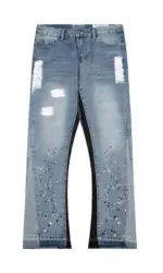 American retro washed letter spliced denim trousers high street trendy brand couple loose straight micro-flared long trousers