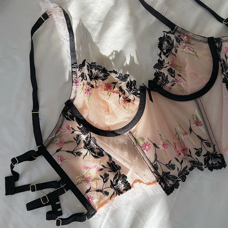 Clashing Sexy Flower Embroidery Lingerie Women's Underwear Set Ladies Push up Bra with Underpants Suit for female - Image 6