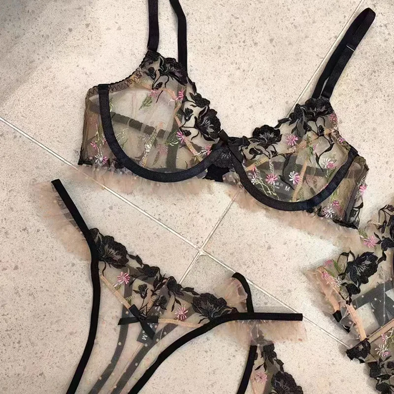 Clashing Sexy Flower Embroidery Lingerie Women's Underwear Set Ladies Push up Bra with Underpants Suit for female - Image 5