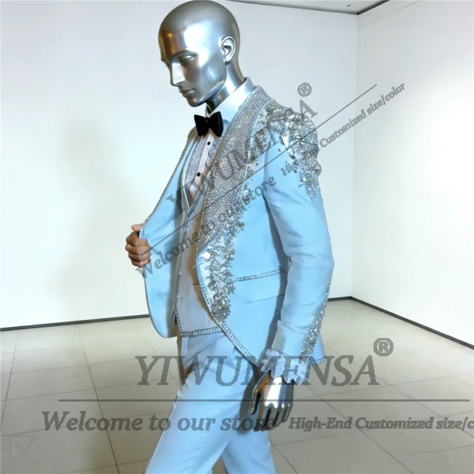 Exquisite Rhinestones Beaded Men Suit Attire For Wedding 3 Piece Set Seuqins Lapel Prom Blazer Trousers Customized Groom Tuxedos - Image 4