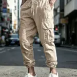 Men's Cotton Linen Cargo Jogger Pants Elastic Waist Drawstring Multi Pockets Casual Breathable Streetwear Trousers for Men