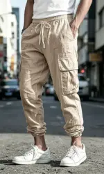 Men's Cotton Linen Cargo Jogger Pants Elastic Waist Drawstring Multi Pockets Casual Breathable Streetwear Trousers for Men