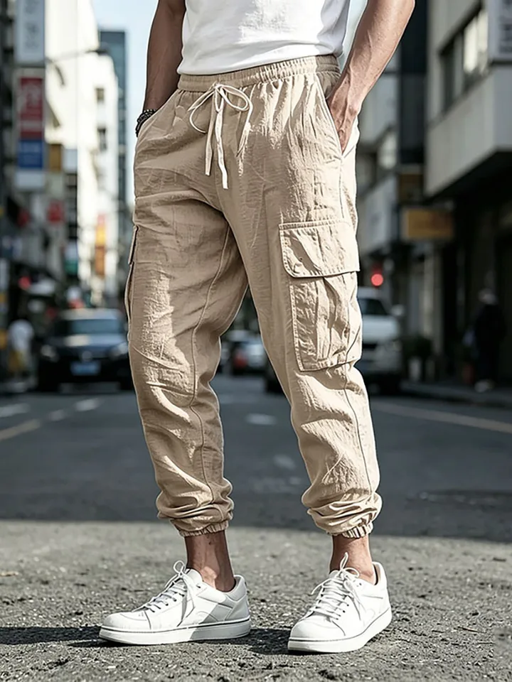 Men's Cotton Linen Cargo Jogger Pants Elastic Waist Drawstring Multi Pockets Casual Breathable Streetwear Trousers for Men