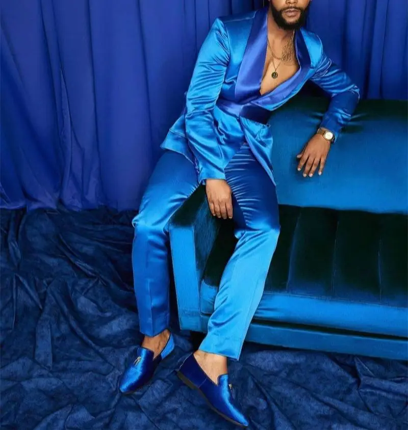 New Fashion Italian Silver Men Suits Satin Slim Fit Royal Blue Shiny Groom Prom Wedding Tuxedo Tailored Blazer Set Costume Homme - Image 2