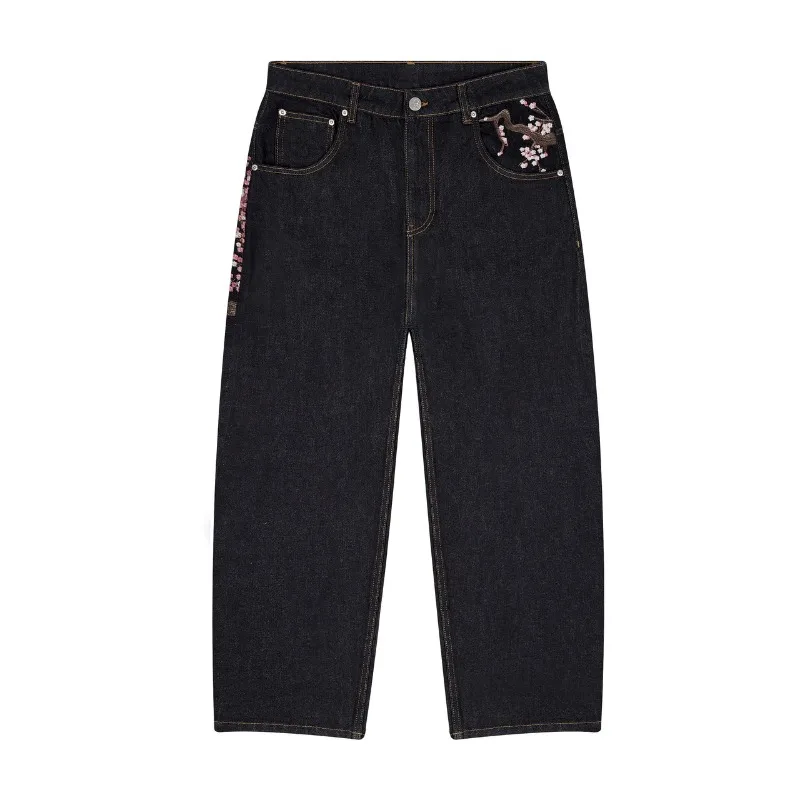 Y2K Harajuku jeans Goth vintage plum blossom embroidery pattern wide leg pants men women denim fabric American style street wear - Image 2