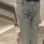 Chic Shiny Star Rhinestone Jeans Women All-match Long Straight Mid Waist Loose Pants Street Casual Spring Summer Lady Trousers
