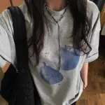 Blue Fruit Printed T-shirt for Men and Women Pure Cotton Retro Summer Fashion Trend Comfy Couple Short Sleeved Top Harajuku