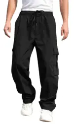 Men s Loose Cargo Long Pants Solid Color Drawstring Waist Straight Leg Trousers Casual Work Pants with Pockets