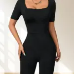 Women's Jumpsuit Suitable For All Seasons Slim Fit Simple Knit High Elasticity Square Neck Short Sleeved Top And Shorts Jumpsuit