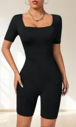 Women's Jumpsuit Suitable For All Seasons Slim Fit Simple Knit High Elasticity Square Neck Short Sleeved Top And Shorts Jumpsuit