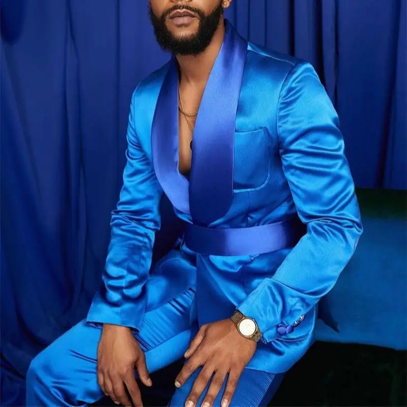 New Fashion Italian Silver Men Suits Satin Slim Fit Royal Blue Shiny Groom Prom Wedding Tuxedo Tailored Blazer Set Costume Homme - Image 3