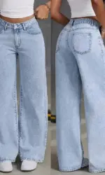 Women High Waist Denim Jeans Vintage Wide Leg Straight Pants Distressed Washed Pockets Streetwear Floor Length