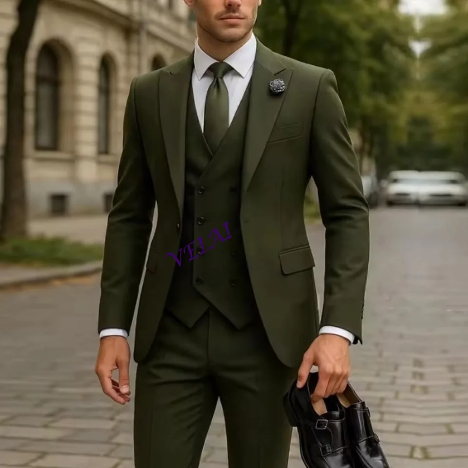 CustomizedNew Army Green Men Suit Wedding Party Formal Groom Groomsman Prom Business Male Tuxedos 3 Piece Set Jacket Vest Pants