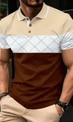 Summer Men's Polo Men's Casual Short Sleeve Polo Shirt Striped Color Block Design Sporty Polo Style Collared Polo Shirts for Man