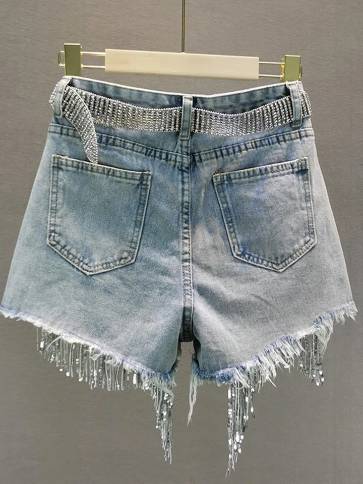 Summer Elegant Shorts Lady Tassel Beading High Waist Wide Leg Denim Shorts Female Casual Solid Shorts Jeans for Women Clothing - Image 4