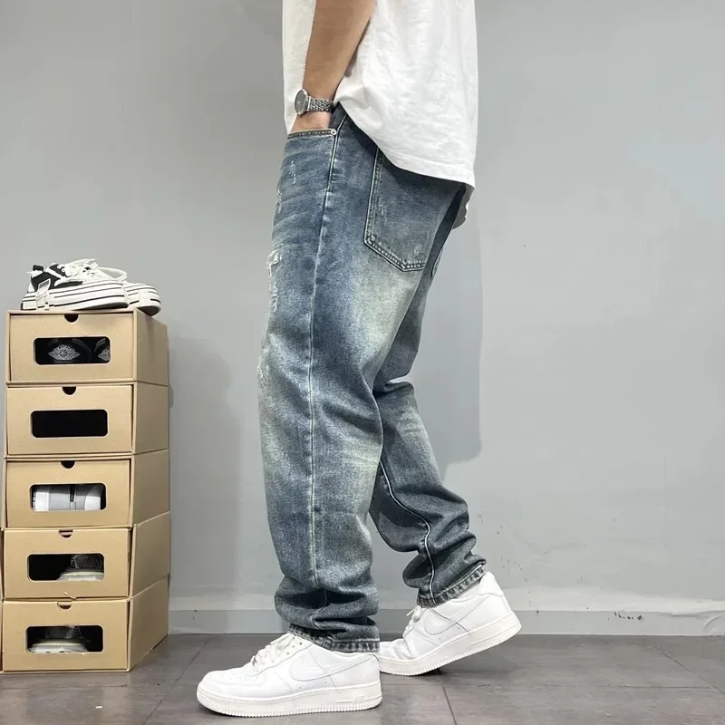 2025Heavy Duty Washed and Scraped Denim Men's Trendy High-end Embroidered Printed Loose Tapered Straight Leg Jeans - Image 3