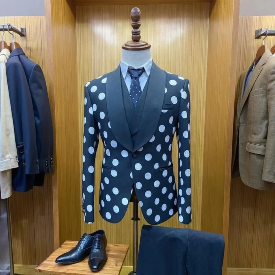 Polka Dots Formal Men Suits for Wedding Party Custom Made Groom Tuxedo Set Male Jacket Pants Vest 3 Pieces African Male Fashion