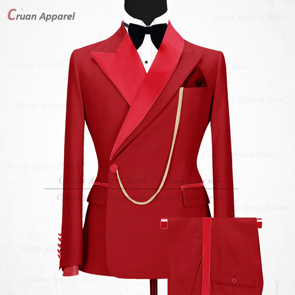 Newest Black Suits for Men Slim Fit Luxury Business Wedding Tuxedos Tailor-made Red Shiny Collar Jacket with Pants 2 Pieces Set - Image 3