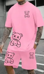 2024 Fun Bear Harajuku T-Shirt Men's Summer Loose Daily Couple Suit Outdoor Street Short Sleeve Shorts Two Piece Men Summer Suit