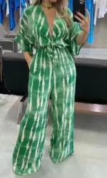 Elegant Women's Jumpsuits 2025 Summer Simple Casual V-neck Lace Up Loose Lady Fashion Wide Leg Jumpsuit S-XXXL