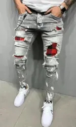 New Men's Skinny Ripped Jeans Fashion Grid Hole Endothecium Patches Slim Fit Stretch Casual Denim Pencil Pants Jogging Trousers