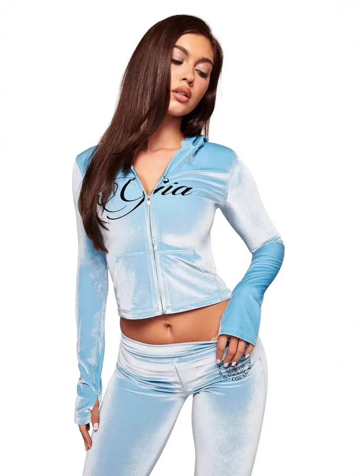 GIA New Velvet Zip-Up Hooded Jacket & Relaxed Loose Slim-Fit Pants Comfortable Minimalist Set in Blue - Image 4