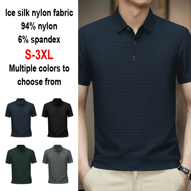 Men's Summer Ice Silk Nylon Bubble Grid Polo Shirt Short Sleeve Button Placket Breathable Hight Stretchy Casual Business Tops - Image 6