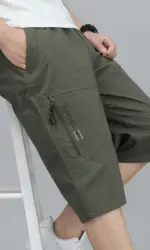 Mens Cargo Shorts Knee Pants Zipper Pocket Summer Cotton Shorts Climbing Jogger Elastic Waist Sports Wear
