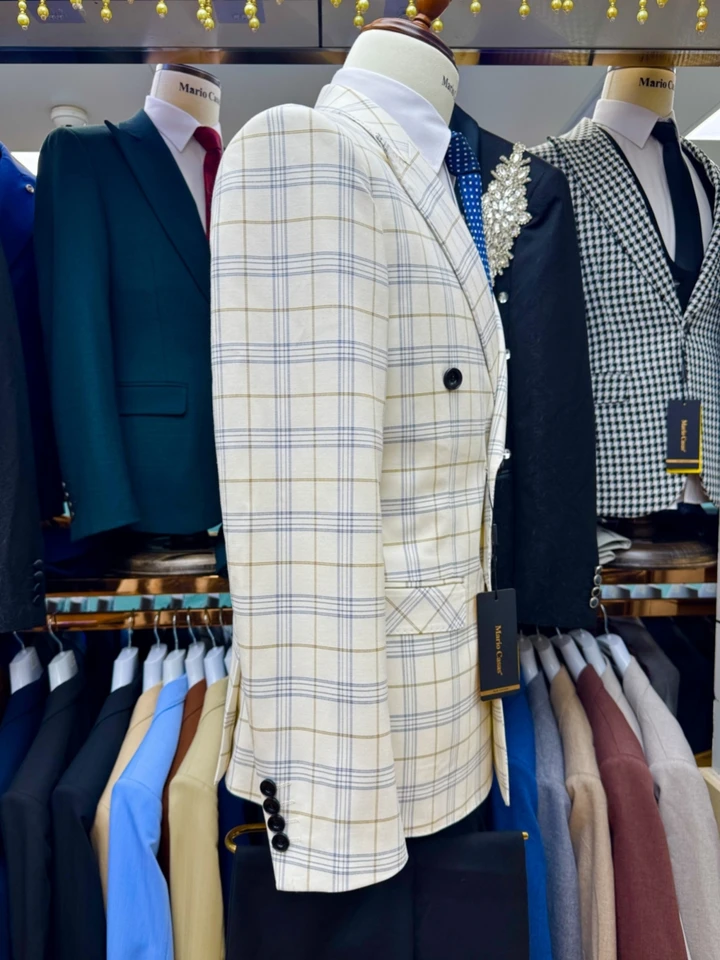Classic Handsome Plaid Suit Set 2 Pieces For Men Business Outfit Double Breasted Men's Slim Fit Suits Wedding Groom Sets - Image 5