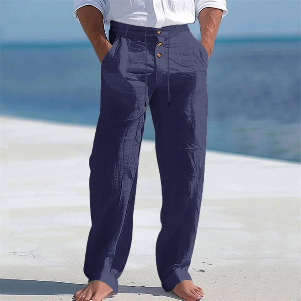 Men's Autumn Spring Cotton Pants Casual Breathable Cozy Trousers Button Drawstring Design Beach Style Vacation Long Pants - Image 5