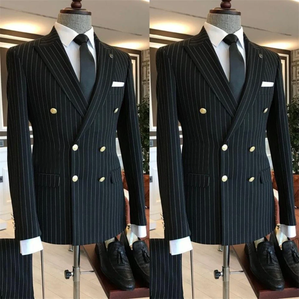 2 Piece Black Striped Men's Suit Set Golden double breasted Lapel Jacket Elastic Pants Wedding Part Prom Dinner Wrok Travel - Image 2