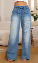 Women Jeans Wide Leg Pants Streetwear Denims Drawstring High Waist Washed Distressed Pockets Female Vintage Straight Trousers