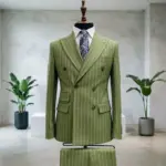 Double Breasted Striped Men Suits Men Vintage Sage Green Double Breasted Pinstripe Suit Slim Fit Formal Blazer for Groom Wedding