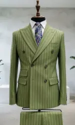 Double Breasted Striped Men Suits Men Vintage Sage Green Double Breasted Pinstripe Suit Slim Fit Formal Blazer for Groom Wedding