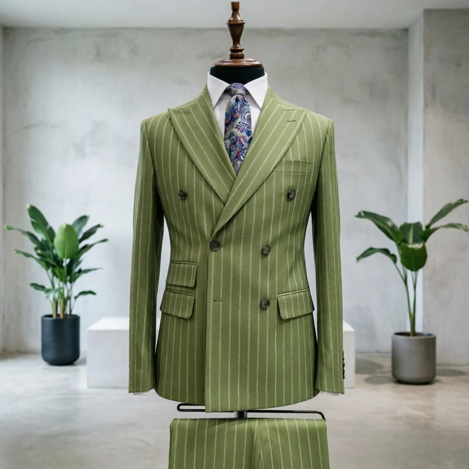 Double Breasted Striped Men Suits Men Vintage Sage Green Double Breasted Pinstripe Suit Slim Fit Formal Blazer for Groom Wedding