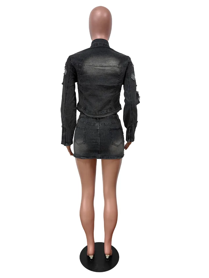 Streetwear Denim Skirt Outfit Set Sexy Women Elegant Two Pieces Jeans Club Matching Set Top+Mini Skirt - Image 6