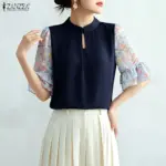 ZANZEA Women's Vintage Mandarin Collar Blouses Floral Chiffon Half Flare Sleeve Patchwork Tops Elegant Casual Blusas de Mujer