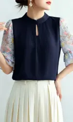 ZANZEA Women's Vintage Mandarin Collar Blouses Floral Chiffon Half Flare Sleeve Patchwork Tops Elegant Casual Blusas de Mujer