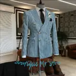 High-End Men's Blue & White Striped Double-Breasted Suits Elegant 2Piece(Jacket+Pants) Set Formal Business Gentlemen's Costume