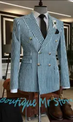 High-End Men's Blue & White Striped Double-Breasted Suits Elegant 2Piece(Jacket+Pants) Set Formal Business Gentlemen's Costume