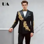 Mens Luxury Formal Suit Jacket & Pants, Gold Appliques Single-Breasted Suit Blazer with Black Trousers Events Prom Suit Attire