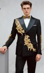 Mens Luxury Formal Suit Jacket & Pants, Gold Appliques Single-Breasted Suit Blazer with Black Trousers Events Prom Suit Attire
