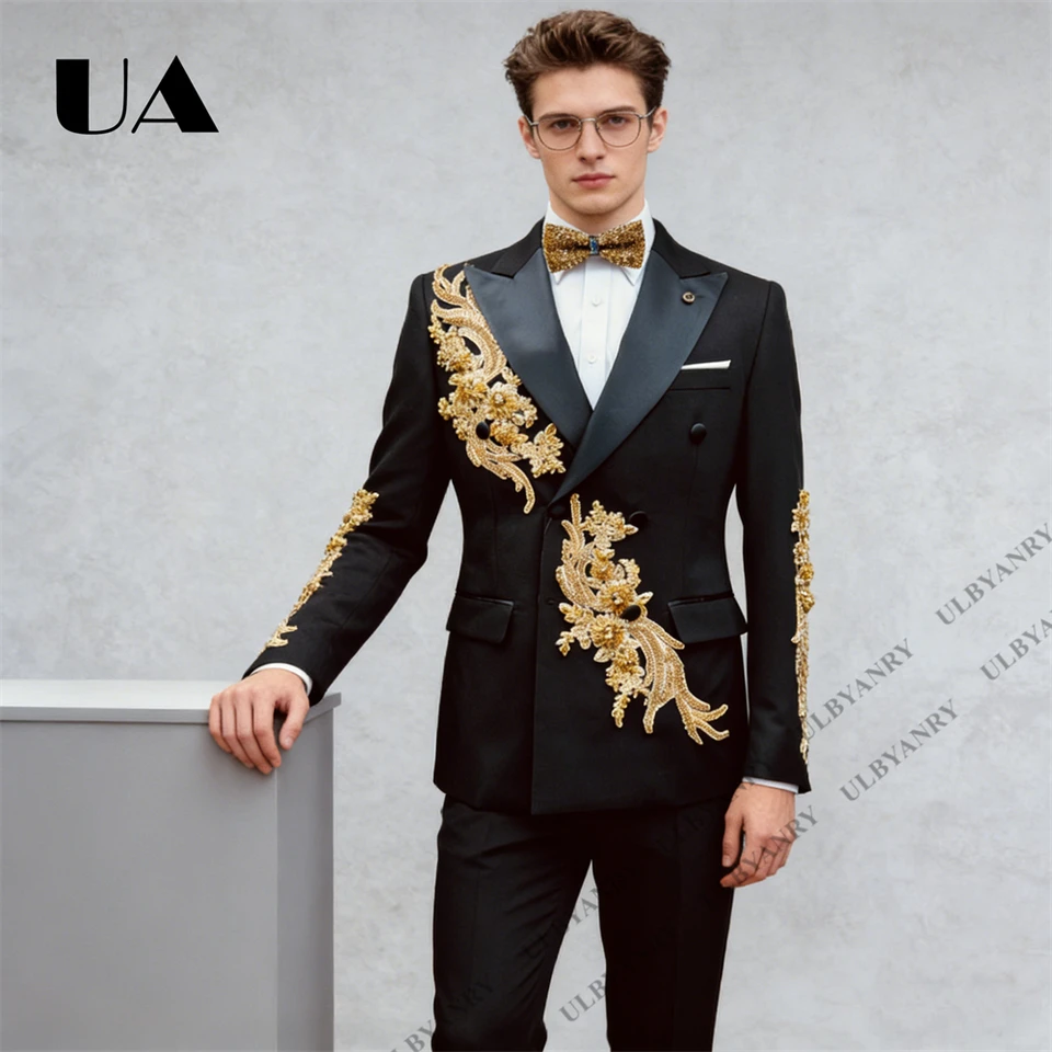 Mens Luxury Formal Suit Jacket & Pants, Gold Appliques Single-Breasted Suit Blazer with Black Trousers Events Prom Suit Attire